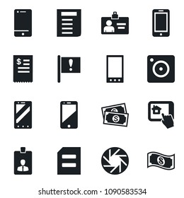 Set of vector isolated black icon - mobile phone vector, identity card, document, important flag, cash, cell, camera, restaurant receipt, home control app