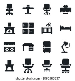 Set of vector isolated black icon - bed vector, checkroom, office chair, desk, fireplace, lamp, children room, restaurant table, alcove, fridge
