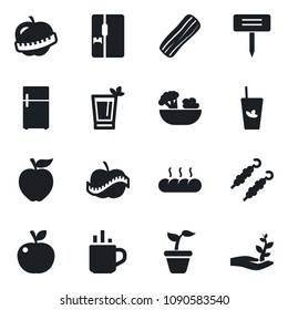 Set of vector isolated black icon - hot cup vector, seedling, plant label, diet, fridge, phyto bar, salad, bacon, bread, kebab, apple fruit, palm sproute