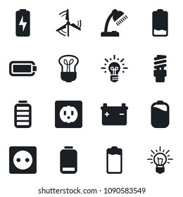 Set of vector isolated black icon - battery vector, low, charge, desk lamp, windmill, socket, bulb, energy saving, idea