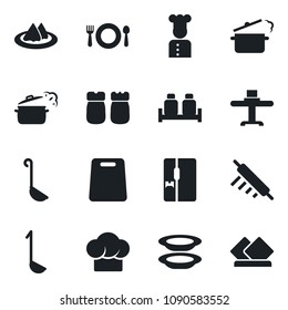Set of vector isolated black icon - fridge vector, cook, restaurant table, serviette, cafe, hat, plates, salt and pepper, ladle, rolling pin, cutting board, steaming pan