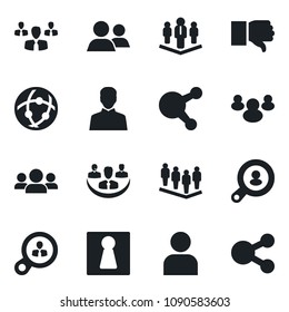 Set of vector isolated black icon - female vector, team, share, group, finger down, user, network, company, client search, consumer, social media
