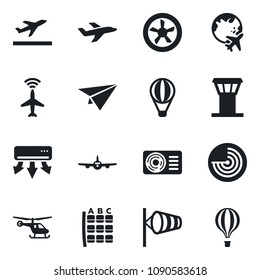 Set of vector isolated black icon - airport tower vector, plane radar, departure, wind, helicopter, seat map, globe, air conditioner, fan, paper, balloon