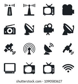 Set of vector isolated black icon - antenna vector, satellite, radio, tv, video camera, wireless