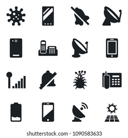 Set of vector isolated black icon - satellite antenna vector, mobile phone, virus, cell, low battery, back, mute, cellular signal, office, sun panel