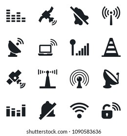 Set of vector isolated black icon - antenna vector, wireless notebook, border cone, satellite, equalizer, mute, cellular signal, lock