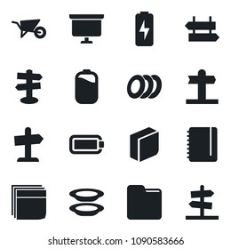 Set of vector isolated black icon - signpost vector, notepad, presentation board, wheelbarrow, folder, battery, charge, blank box, plates, guidepost