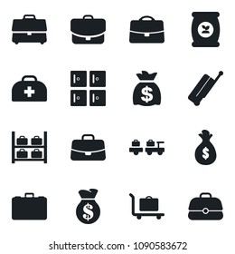 Set of vector isolated black icon - suitcase vector, baggage trolley, larry, luggage storage, checkroom, case, money bag, fertilizer, doctor