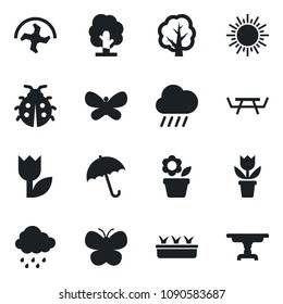 Set of vector isolated black icon - umbrella vector, sun, flower in pot, ripper, tree, butterfly, lady bug, seedling, rain, picnic table, tulip