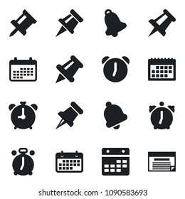 Set of vector isolated black icon - alarm clock vector, drawing pin, term, paper, bell, calendar, schedule