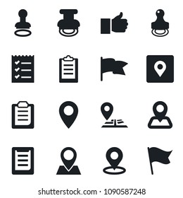 Set of vector isolated black icon - stamp vector, navigation, pin, clipboard, finger up, place tag, checklist, flag