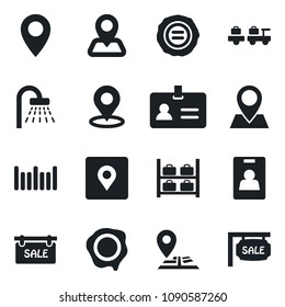 Set of vector isolated black icon - identity vector, shower, baggage larry, luggage storage, stamp, navigation, pin, barcode, place tag, card, sale