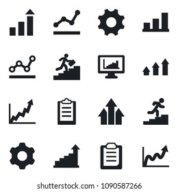 Set of vector isolated black icon - growth statistic vector, settings, clipboard, monitor statistics, bar graph, point, career ladder, arrow up