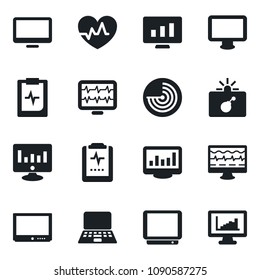 Set of vector isolated black icon - bomb in case vector, radar, notebook pc, statistic monitor, heart pulse, clipboard, tv, statistics