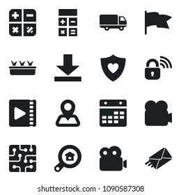 \Set of vector isolated black icon - calculator vector, seedling, heart shield, navigation, car delivery, video camera, calendar, download, estate search, chip, wireless lock, flag, mail