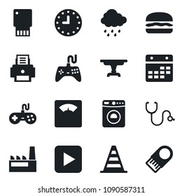 \Set of vector isolated black icon - washer vector, border cone, rain, stethoscope, scales, clock, gamepad, play button, calendar, printer, table, factory, hamburger, usb flash