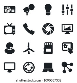 \Set of vector isolated black icon - notebook pc vector, bulb, support, microphone, tv, settings, network, monitor, call, mobile camera, sd, statistics, windmill, air conditioner, home control app