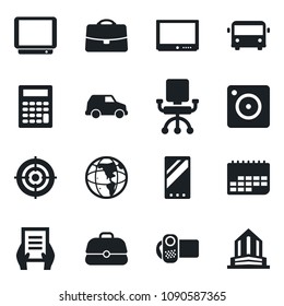 \Set of vector isolated black icon - airport bus vector, document, term, tv, video camera, mobile, case, target, earth, office chair, calculator, car, building