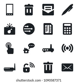 \Set of vector isolated black icon - trash bin vector, bomb in case, pen, touch screen, mobile, mail, sim, network, calculator, wireless lock, router, home message