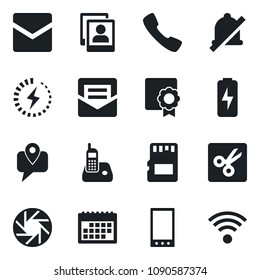 \Set of vector isolated black icon - mobile tracking vector, radio phone, call, camera, mail, sd, mute, cut, photo gallery, charge, sertificate, calendar, wireless