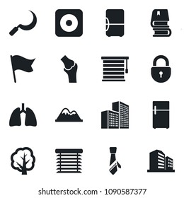 \Set of vector isolated black icon - lock vector, tree, sickle, lungs, joint, rec button, office building, tie, book, mountains, jalousie, fridge, flag