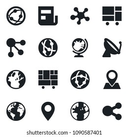 Set of vector isolated black icon - satellite antenna vector, globe, earth, pin, consolidated cargo, network, share, news, social media