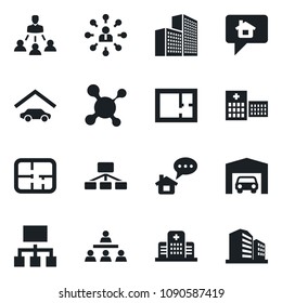 Set of vector isolated black icon - hierarchy vector, molecule, hospital, office building, garage, plan, home message