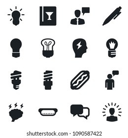 Set of vector isolated black icon - speaking man vector, pen, brainstorm, bulb, dialog, wine card, hot dog, energy saving, shining head