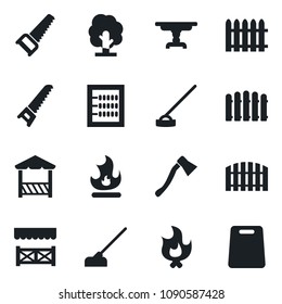 Set of vector isolated black icon - fence vector, tree, saw, fire, hoe, axe, abacus, table, alcove, cutting board