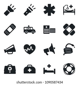 Set of vector isolated black icon - hose vector, heart pulse, doctor case, patch, ambulance star, car, hospital bed, loudspeaker, torch, crisis management