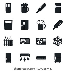 Set of vector isolated black icon - thermometer vector, heater, air conditioner, fridge, drink, beer, snowflake