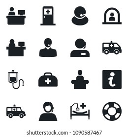 Set of vector isolated black icon - reception vector, medical room, manager place, doctor case, dropper, ambulance car, hospital bed, support, information, crisis management