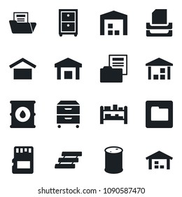 Set of vector isolated black icon - warehouse storage vector, oil barrel, rack, sd, folder, document, paper tray, archive box