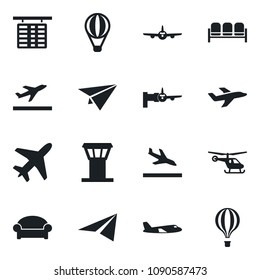 Set of vector isolated black icon - plane vector, airport tower, departure, arrival, waiting area, boarding, helicopter, flight table, paper, air balloon