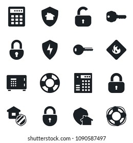 Set of vector isolated black icon - safe vector, lock, flammable, protect, key, estate insurance, home, combination, crisis management