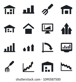 Set of vector isolated black icon - crisis graph vector, garden fork, warehouse storage, monitor statistics, bar, arrow up, growth