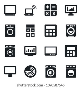Set of vector isolated black icon - wireless notebook vector, washer, radar, calculator, tv, monitor, statistics