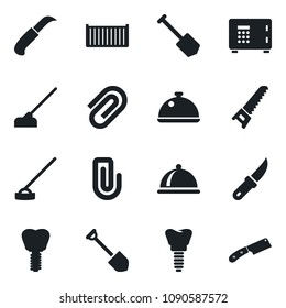 Set of vector isolated black icon - safe vector, job, saw, hoe, garden knife, implant, cargo container, paper clip, dish