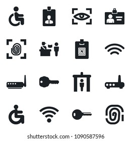 Set of vector isolated black icon - passport control vector, security gate, identity card, disabled, wireless, key, fingerprint, router, eye scan