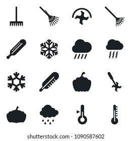 Set of vector isolated black icon - storm cloud vector, ripper, rake, rain, pumpkin, thermometer, snowflake