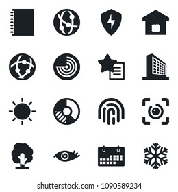 Set of vector isolated black icon - radar vector, office building, circle chart, tree, sun, eye, network, favorites list, protect, id, fingerprint, calendar, copybook, smart home, snowflake