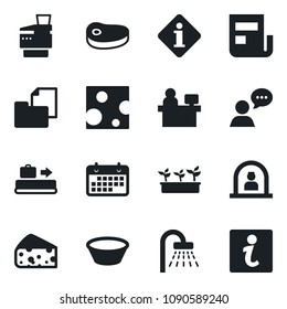 Set of vector isolated black icon - baggage conveyor vector, reception, shower, manager place, seedling, term, folder document, speaker, news, copier, steak, bowl, cheese, information