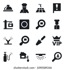 Set of vector isolated black icon - vip vector, reception bell, trowel, garden sprayer, important flag, search cargo, record, crane, cook, home control, irrigation, warm floor, sprinkler, consumer