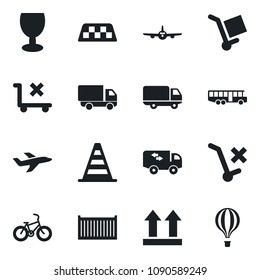 Set of vector isolated black icon - taxi vector, airport bus, border cone, plane, bike, cargo container, car delivery, fragile, up side sign, no trolley, moving, air balloon