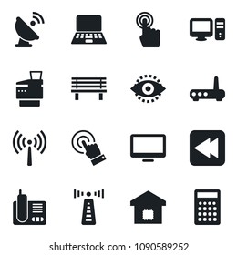 Set of vector isolated black icon - antenna vector, notebook pc, bench, satellite, touch screen, monitor, radio phone, rewind, eye id, copier, smart home, router, calculator