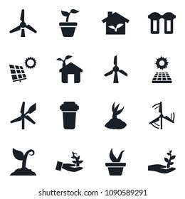 \Set of vector isolated black icon - seedling vector, sproute, sun panel, windmill, eco house, water filter, palm