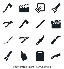 \Set of vector isolated black icon - pruner vector, saw, garden knife, axe, scalpel, clapboard, cut, cutting board
