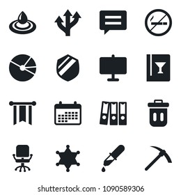 \Set of vector isolated black icon - no smoking vector, office chair, dropper, route, shield, message, presentation board, pie graph, paper binder, wine card, water, police, trash bin, pennon