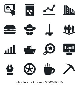 \Set of vector isolated black icon - statistic monitor vector, rake, seeds, bar graph, document folder, ink pen, point, company, office building, estate search, coffee, dress code, hamburger, fan