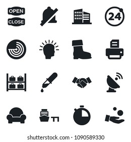 \Set of vector isolated black icon - 24 around vector, radar, luggage storage, handshake, printer, boot, dropper, sea port, satellite antenna, stopwatch, mute, office building, cushioned furniture